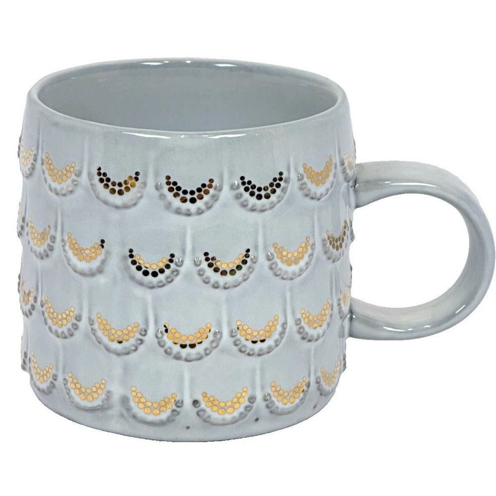 Starbucks Coffee Mug 10 oz Gray Gold Scallop Geometric Art Deco Ceramic Cup Good
